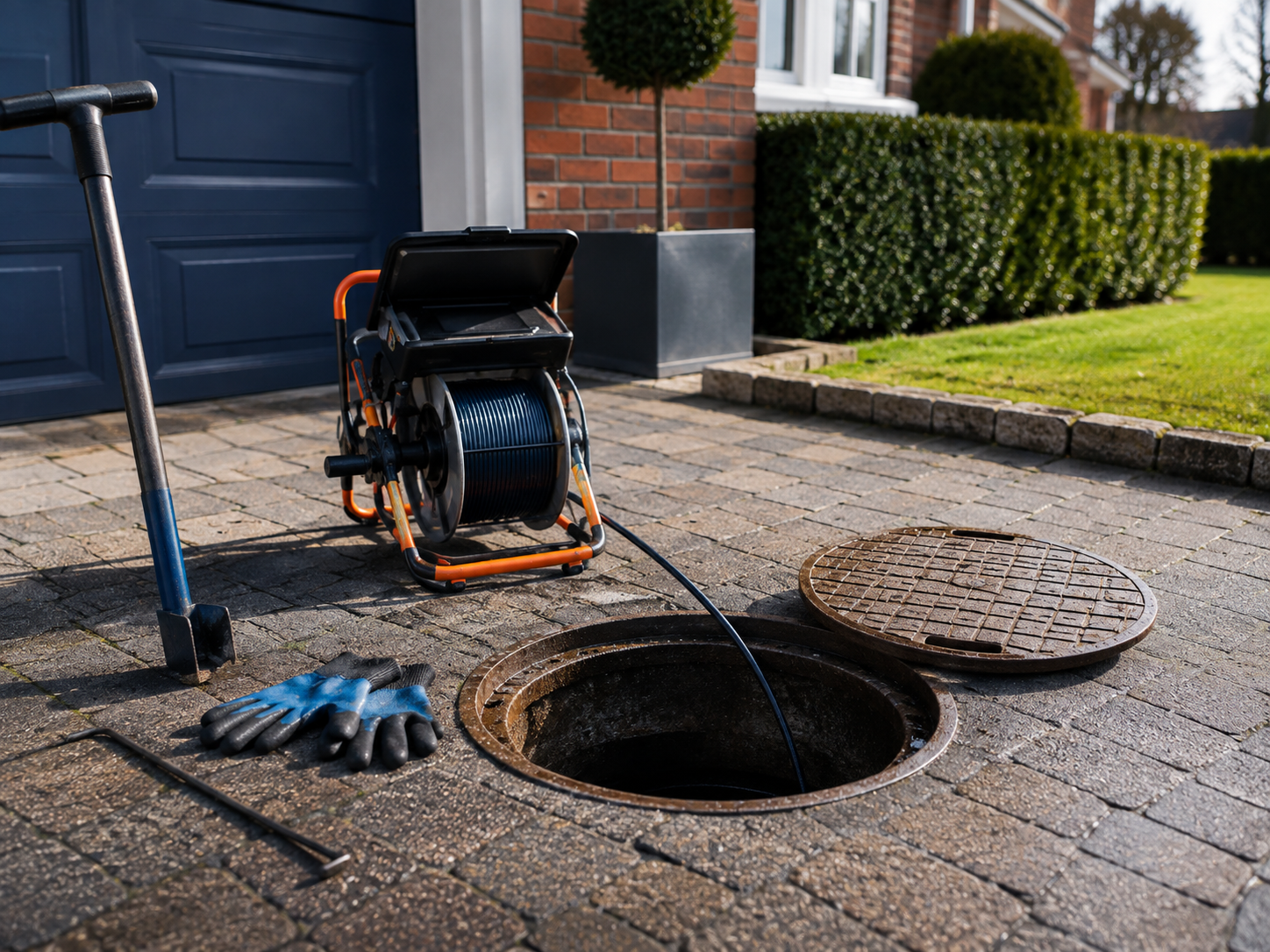 Professional drain inspection and clearance equipment ready for site work
